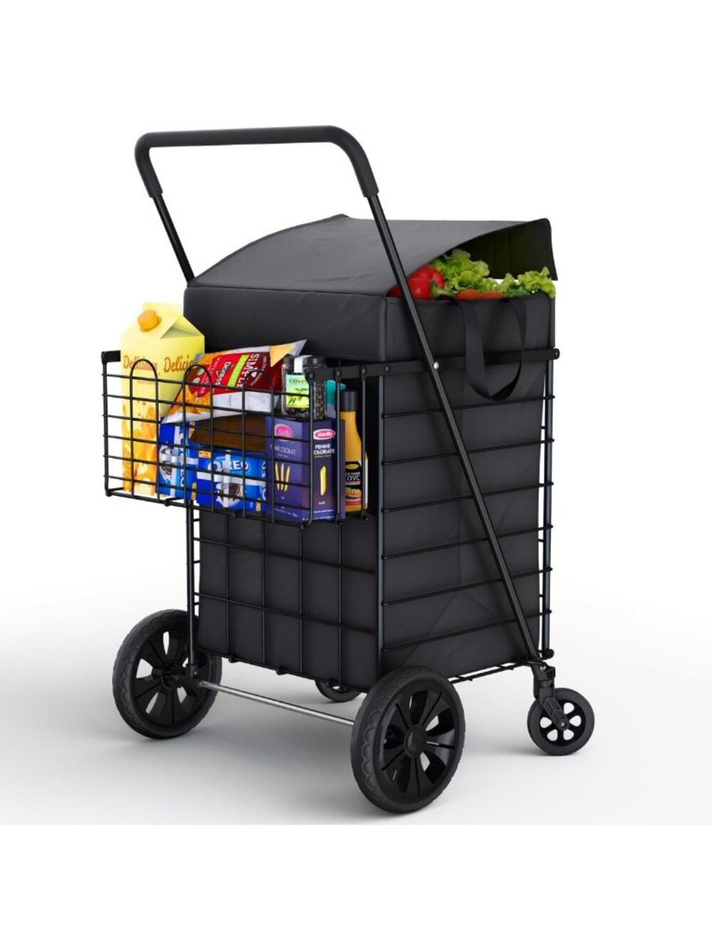 Foldable Lightweight Shopping Cart with Waterproof Liner & 360° Swivel Wheels